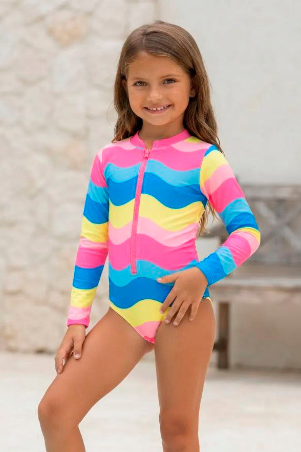 Vestido de Baño Entero Niña Manga Larga con Cremallera – Arcoíris de Mar