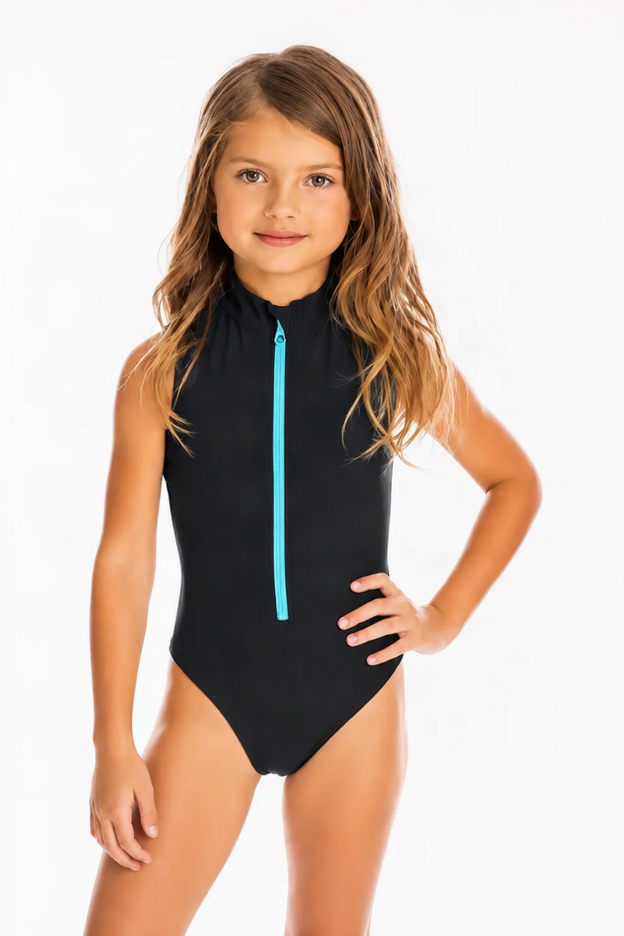 Vestido de Baño Deportivo Niña Manga Sisa con Cremallera – Negro