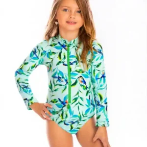Vestido De Baño Niña Manga Larga Con Cremallera Pajaritos verde